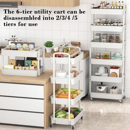 Sywhitta 3-Tier Plastic Rolling Utility Cart with Wheels for Storage,White