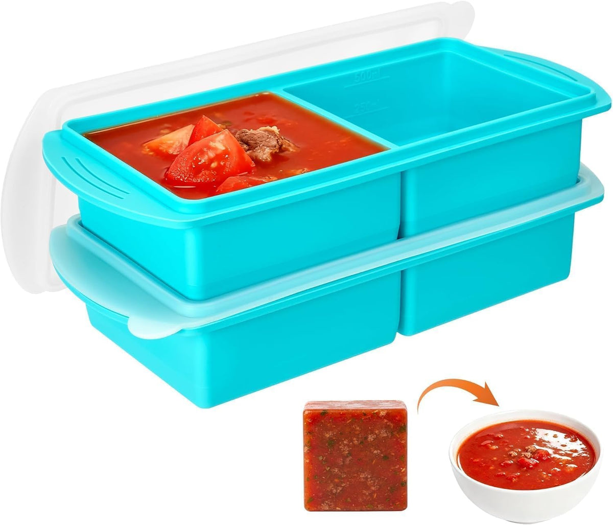 2‑Pack Silicone Freezer Trays with Lids, 2‑Compartment Food Moulds(Blue)