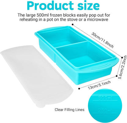 2‑Pack Silicone Freezer Trays with Lids, 2‑Compartment Food Moulds(Blue)