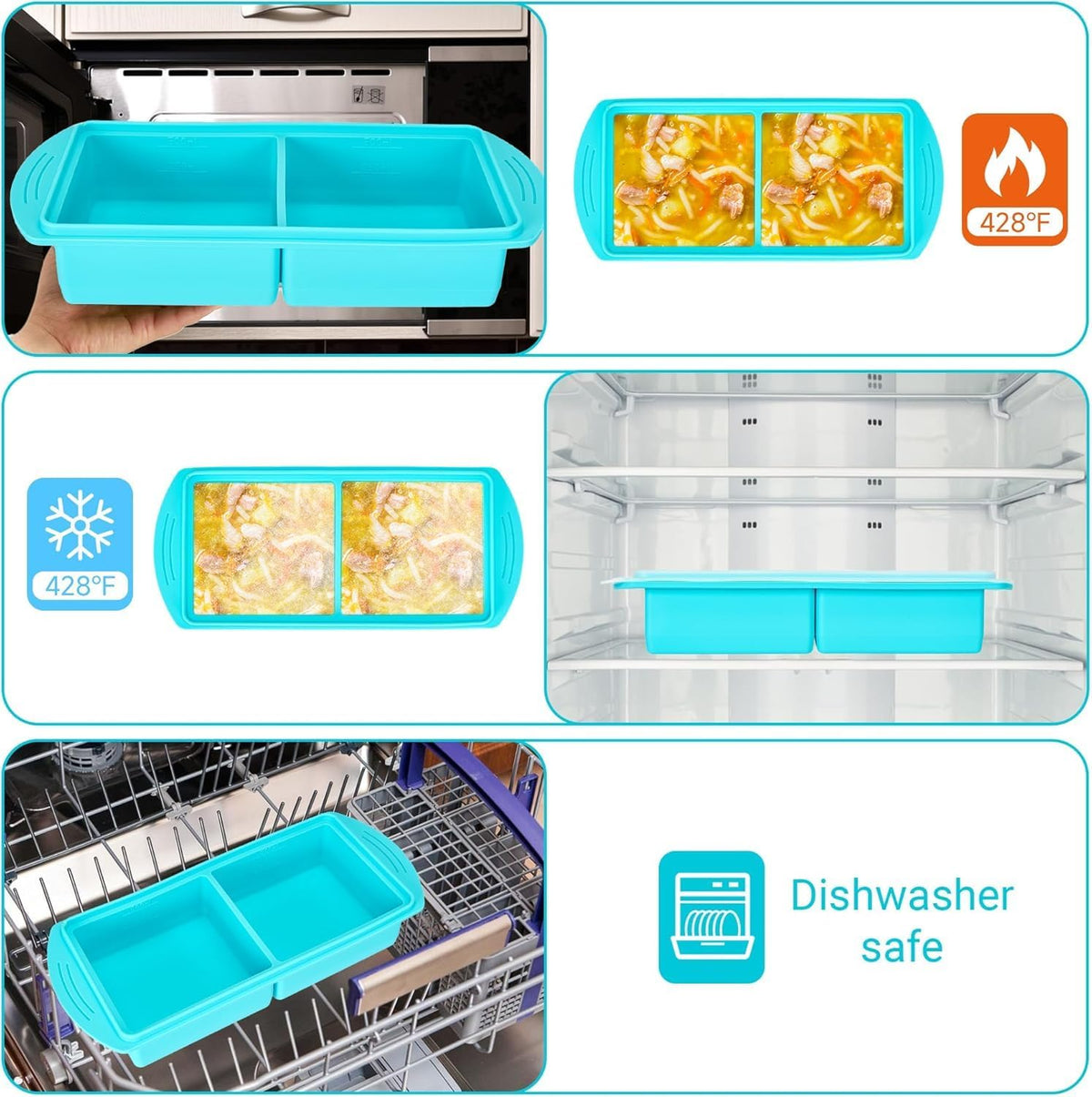 2‑Pack Silicone Freezer Trays with Lids, 2‑Compartment Food Moulds(Blue)