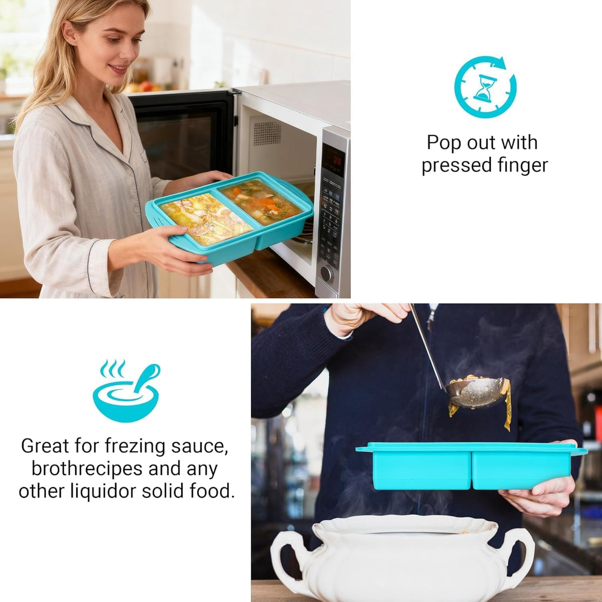 2‑Pack Silicone Freezer Trays with Lids, 2‑Compartment Food Moulds(Blue)