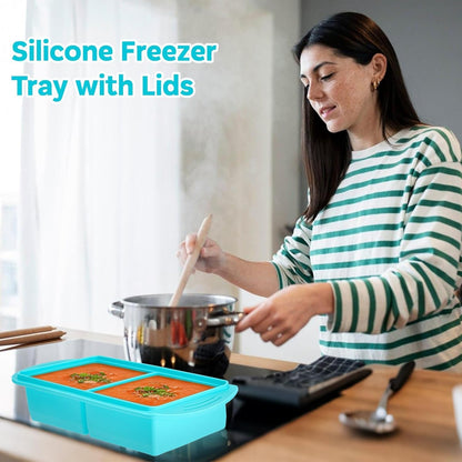 2‑Pack Silicone Freezer Trays with Lids, 2‑Compartment Food Moulds(Blue)