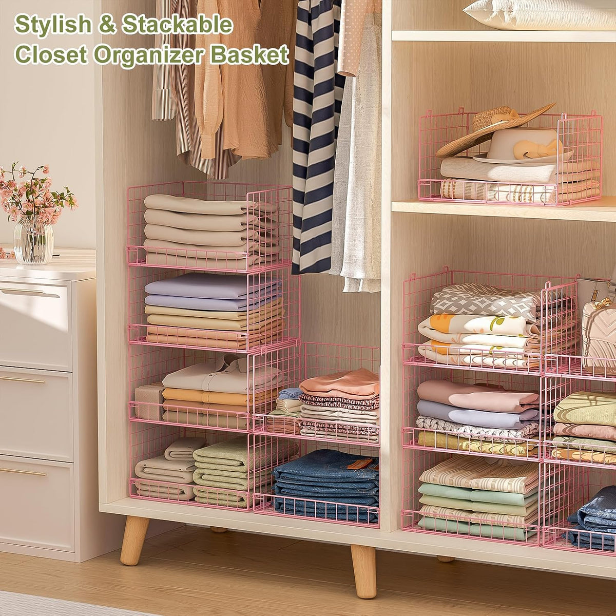 Yociyoga 4-Tier Stackable Closet Organizers and Storage Basket, Foldable Closet Shelf Organizer System, Space-Saving Clothes Storage Drawer Organizer for Wardrobe, White (Patent 30022416)