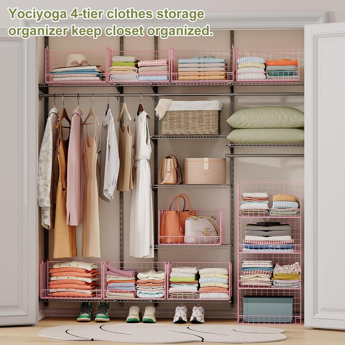 Yociyoga 4-Tier Stackable Closet Organizers and Storage Basket, Foldable Closet Shelf Organizer System, Space-Saving Clothes Storage Drawer Organizer for Wardrobe, White (Patent 30022416)