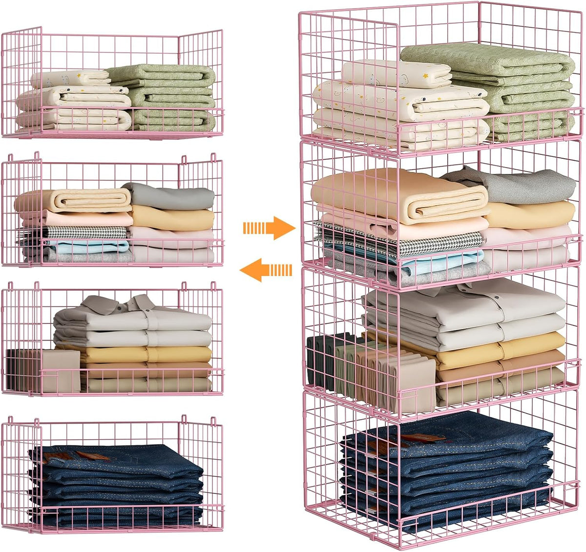 Yociyoga 4-Tier Stackable Closet Organizers and Storage Basket, Foldable Closet Shelf Organizer System, Space-Saving Clothes Storage Drawer Organizer for Wardrobe, White (Patent 30022416)