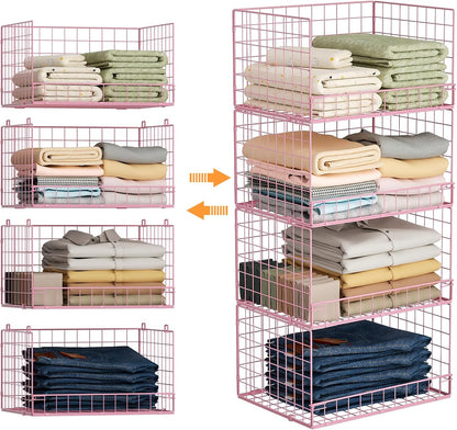 Yociyoga 4-Tier Stackable Closet Organizers and Storage Basket, Foldable Closet Shelf Organizer System, Space-Saving Clothes Storage Drawer Organizer for Wardrobe, White (Patent 30022416)