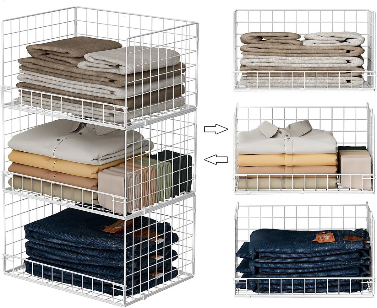 Yociyoga 4-Tier Stackable Closet Organizers and Storage Basket, Foldable Closet Shelf Organizer System, Space-Saving Clothes Storage Drawer Organizer for Wardrobe, White (Patent 30022416)