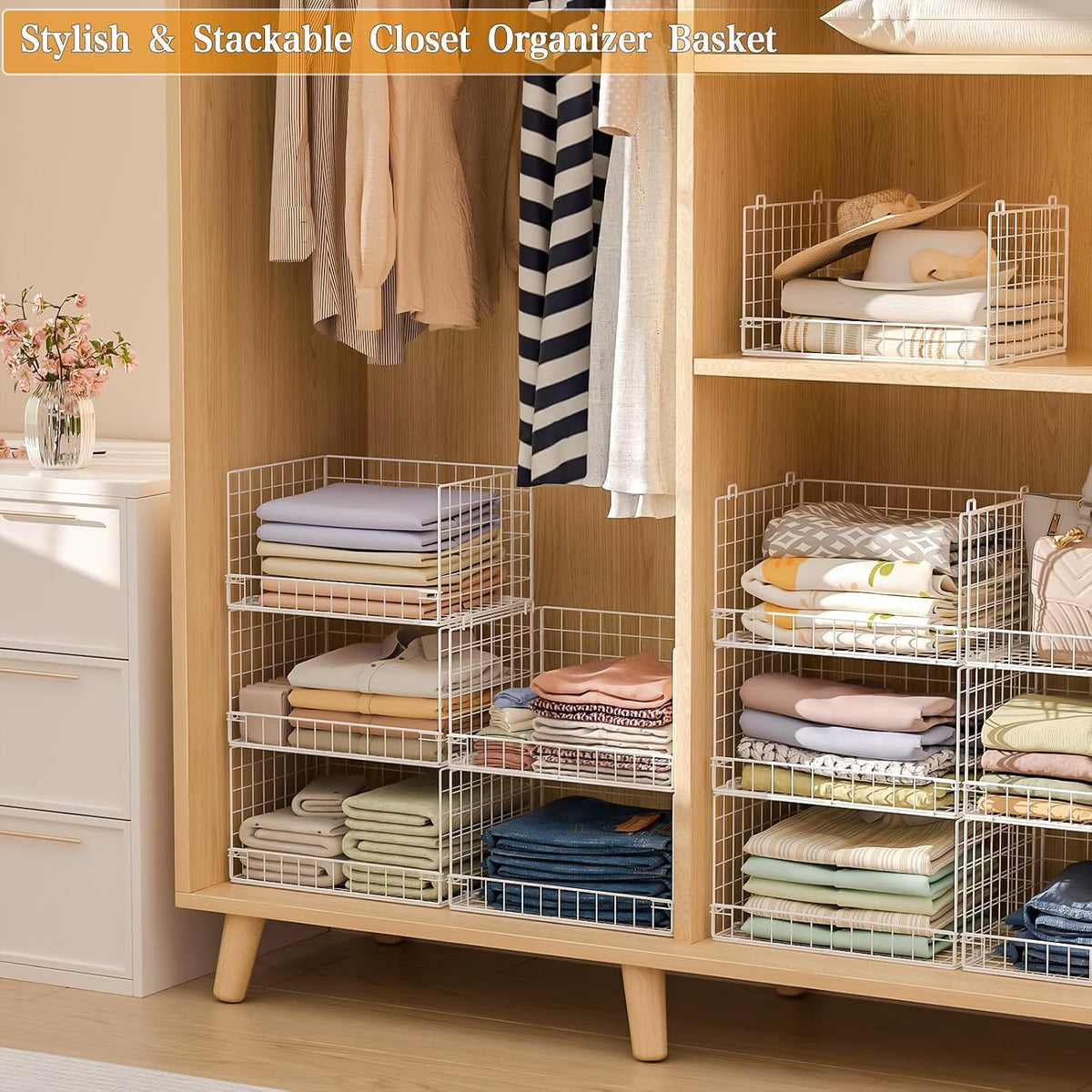 Yociyoga 4-Tier Stackable Closet Organizers and Storage Basket, Foldable Closet Shelf Organizer System, Space-Saving Clothes Storage Drawer Organizer for Wardrobe, White (Patent 30022416)