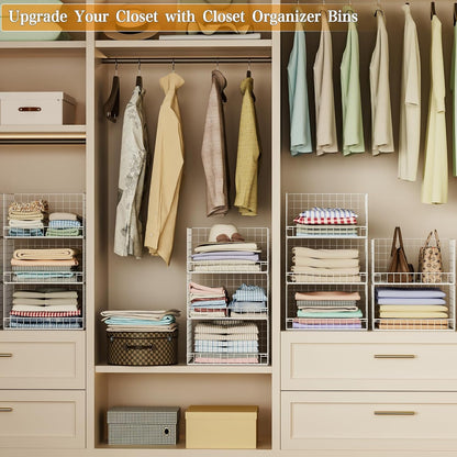 Yociyoga 4-Tier Stackable Closet Organizers and Storage Basket, Foldable Closet Shelf Organizer System, Space-Saving Clothes Storage Drawer Organizer for Wardrobe, White (Patent 30022416)