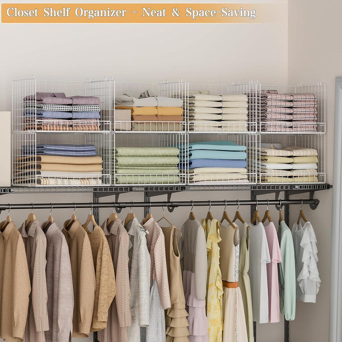 Yociyoga 4-Tier Stackable Closet Organizers and Storage Basket, Foldable Closet Shelf Organizer System, Space-Saving Clothes Storage Drawer Organizer for Wardrobe, White (Patent 30022416)