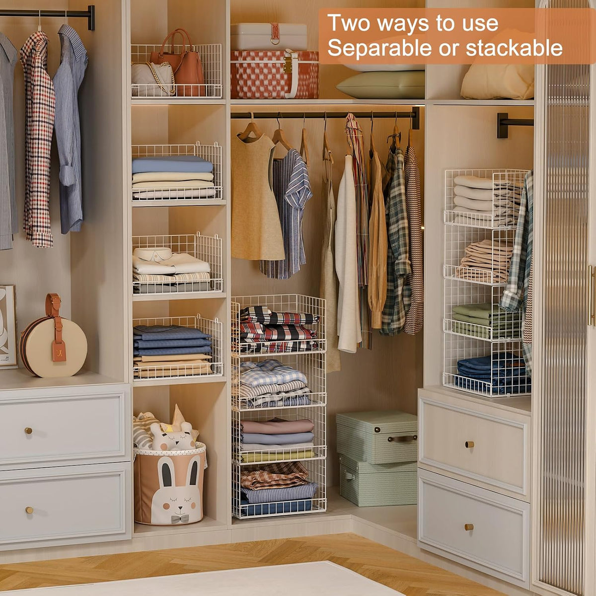 Yociyoga 4-Tier Stackable Closet Organizers and Storage Basket, Foldable Closet Shelf Organizer System, Space-Saving Clothes Storage Drawer Organizer for Wardrobe, White (Patent 30022416)