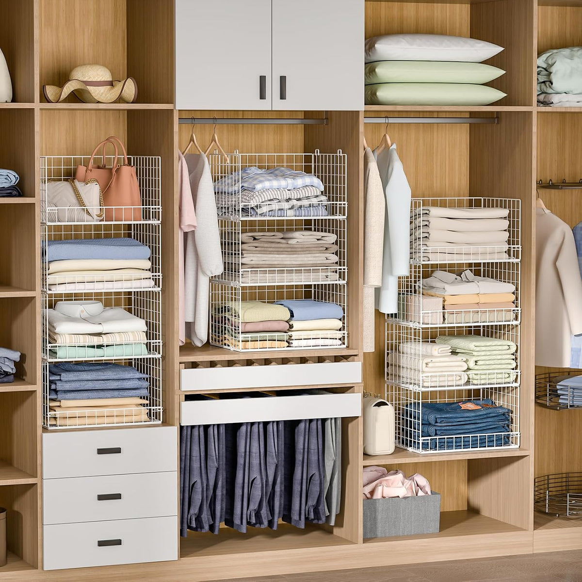 Yociyoga 4-Tier Stackable Closet Organizers and Storage Basket, Foldable Closet Shelf Organizer System, Space-Saving Clothes Storage Drawer Organizer for Wardrobe, White (Patent 30022416)