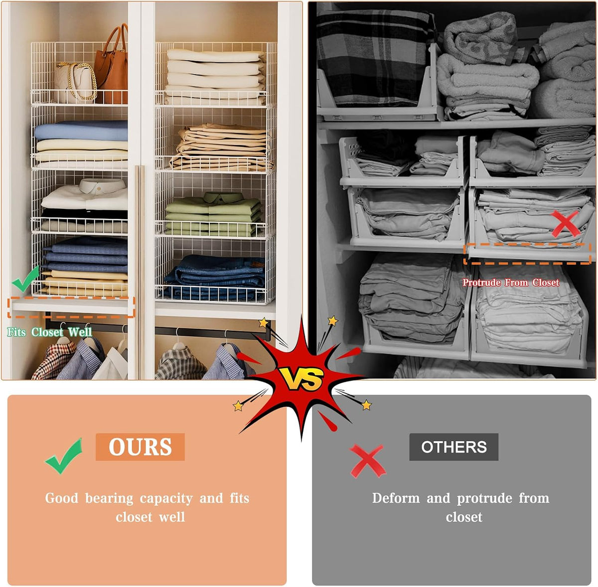 Yociyoga 4-Tier Stackable Closet Organizers and Storage Basket, Foldable Closet Shelf Organizer System, Space-Saving Clothes Storage Drawer Organizer for Wardrobe, White (Patent 30022416)