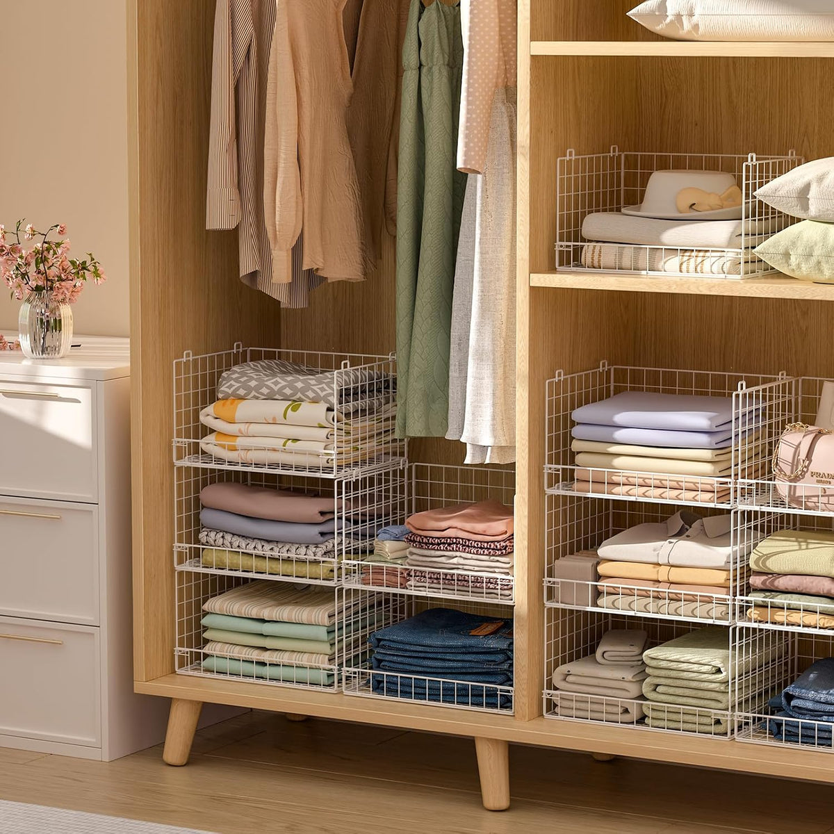 Yociyoga 4-Tier Stackable Closet Organizers and Storage Basket, Foldable Closet Shelf Organizer System, Space-Saving Clothes Storage Drawer Organizer for Wardrobe, White (Patent 30022416)