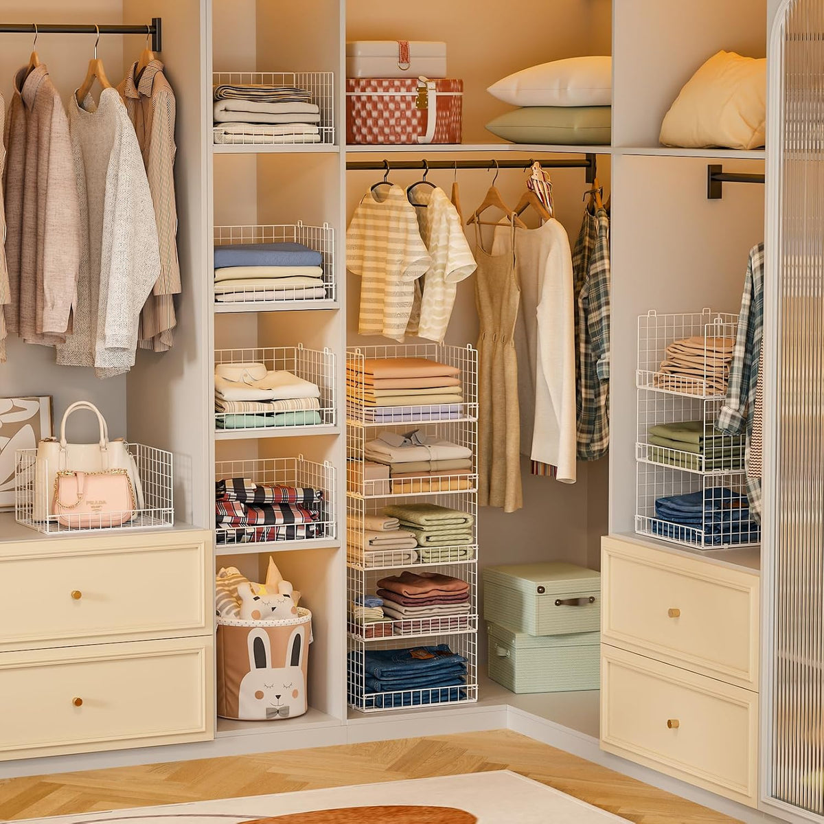 Yociyoga 4-Tier Stackable Closet Organizers and Storage Basket, Foldable Closet Shelf Organizer System, Space-Saving Clothes Storage Drawer Organizer for Wardrobe, White (Patent 30022416)