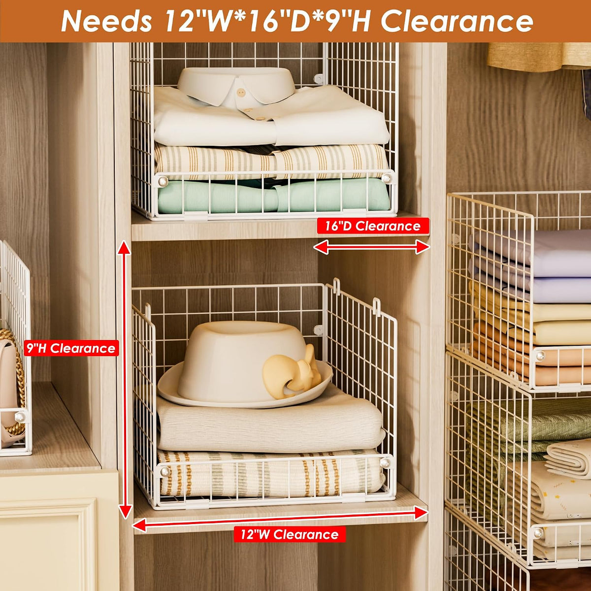 Yociyoga 4-Tier Stackable Closet Organizers and Storage Basket, Foldable Closet Shelf Organizer System, Space-Saving Clothes Storage Drawer Organizer for Wardrobe, White (Patent 30022416)
