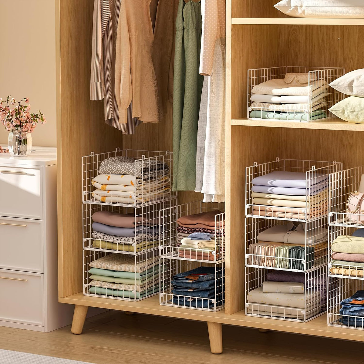 Yociyoga 4-Tier Stackable Closet Organizers and Storage Basket, Foldable Closet Shelf Organizer System, Space-Saving Clothes Storage Drawer Organizer for Wardrobe, White (Patent 30022416)