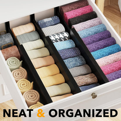 Bamboo Dresser Drawer Dividers 6 Pack, 4.65“ High Adjustable 12.5“-17” Drawer Organizers, Expandable Organization for Clothing, Clothes, Dressers, Natural