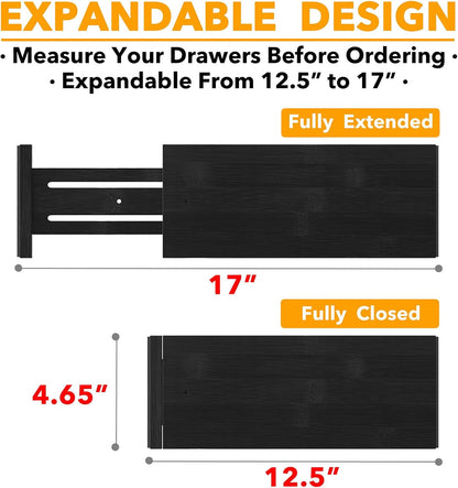 Bamboo Dresser Drawer Dividers 6 Pack, 4.65“ High Adjustable 12.5“-17” Drawer Organizers, Expandable Organization for Clothing, Clothes, Dressers, Natural