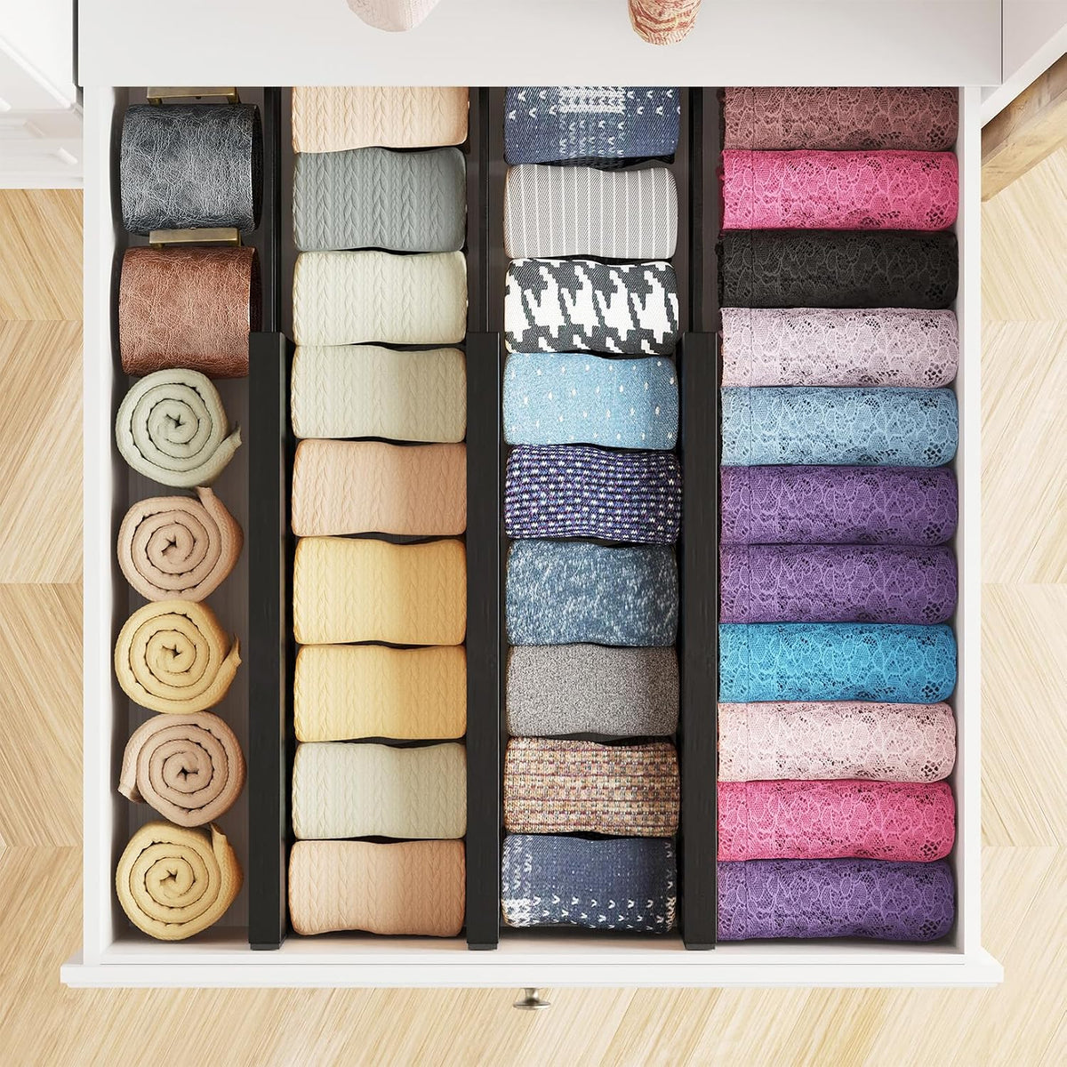 Bamboo Dresser Drawer Dividers 6 Pack, 4.65“ High Adjustable 12.5“-17” Drawer Organizers, Expandable Organization for Clothing, Clothes, Dressers, Natural