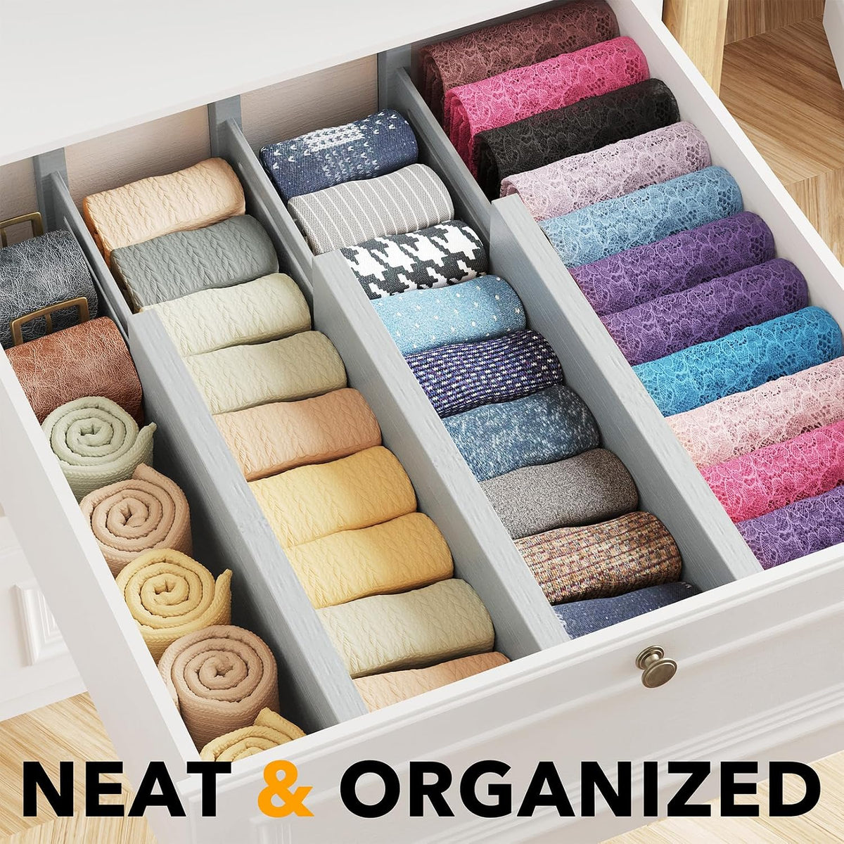 Bamboo Dresser Drawer Dividers 6 Pack, 4.65“ High Adjustable 12.5“-17” Drawer Organizers, Expandable Organization for Clothing, Clothes, Dressers, Natural