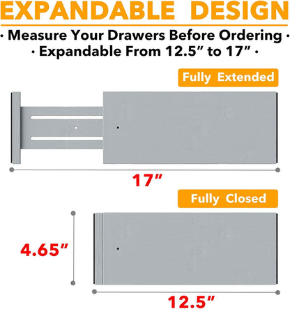 Bamboo Dresser Drawer Dividers 6 Pack, 4.65“ High Adjustable 12.5“-17” Drawer Organizers, Expandable Organization for Clothing, Clothes, Dressers, Natural