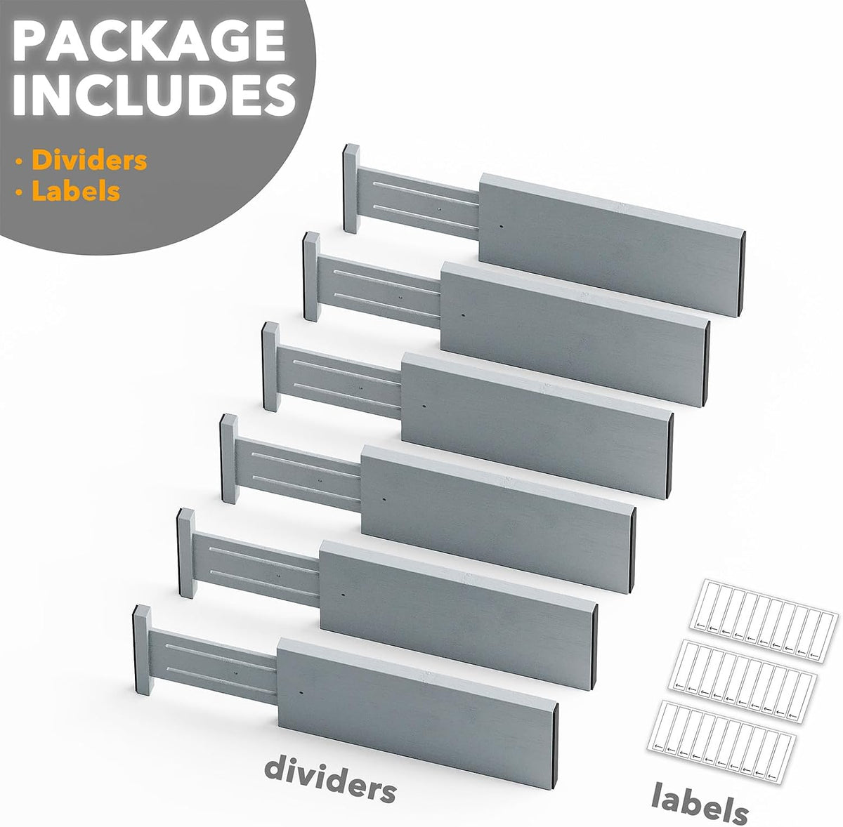 Bamboo Dresser Drawer Dividers 6 Pack, 4.65“ High Adjustable 12.5“-17” Drawer Organizers, Expandable Organization for Clothing, Clothes, Dressers, Natural