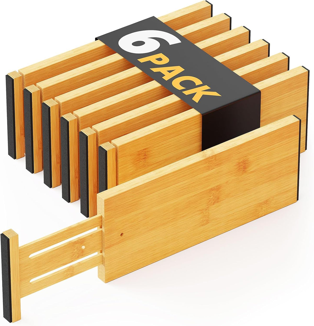 Bamboo Dresser Drawer Dividers 6 Pack, 4.65“ High Adjustable 12.5“-17” Drawer Organizers, Expandable Organization for Clothing, Clothes, Dressers, Natural