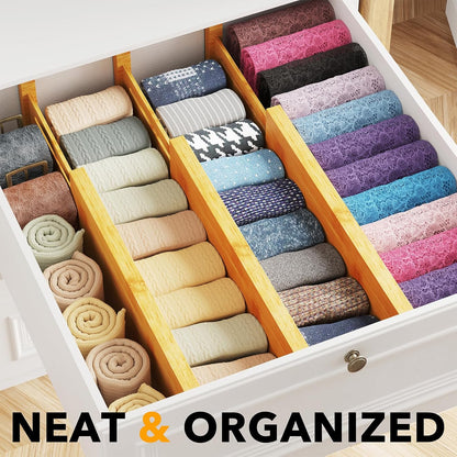Bamboo Dresser Drawer Dividers 6 Pack, 4.65“ High Adjustable 12.5“-17” Drawer Organizers, Expandable Organization for Clothing, Clothes, Dressers, Natural