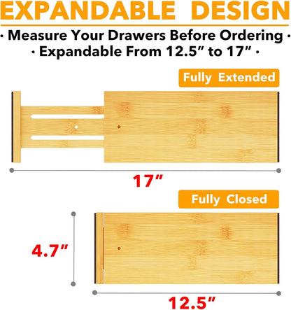Bamboo Dresser Drawer Dividers 6 Pack, 4.65“ High Adjustable 12.5“-17” Drawer Organizers, Expandable Organization for Clothing, Clothes, Dressers, Natural