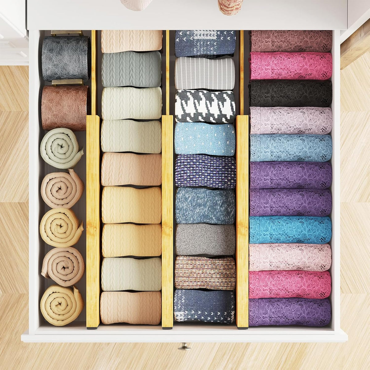 Bamboo Dresser Drawer Dividers 6 Pack, 4.65“ High Adjustable 12.5“-17” Drawer Organizers, Expandable Organization for Clothing, Clothes, Dressers, Natural