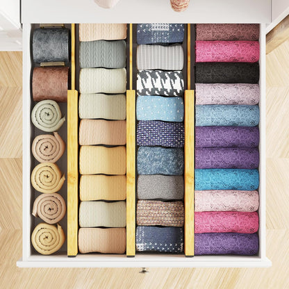 Bamboo Dresser Drawer Dividers 6 Pack, 4.65“ High Adjustable 12.5“-17” Drawer Organizers, Expandable Organization for Clothing, Clothes, Dressers, Natural