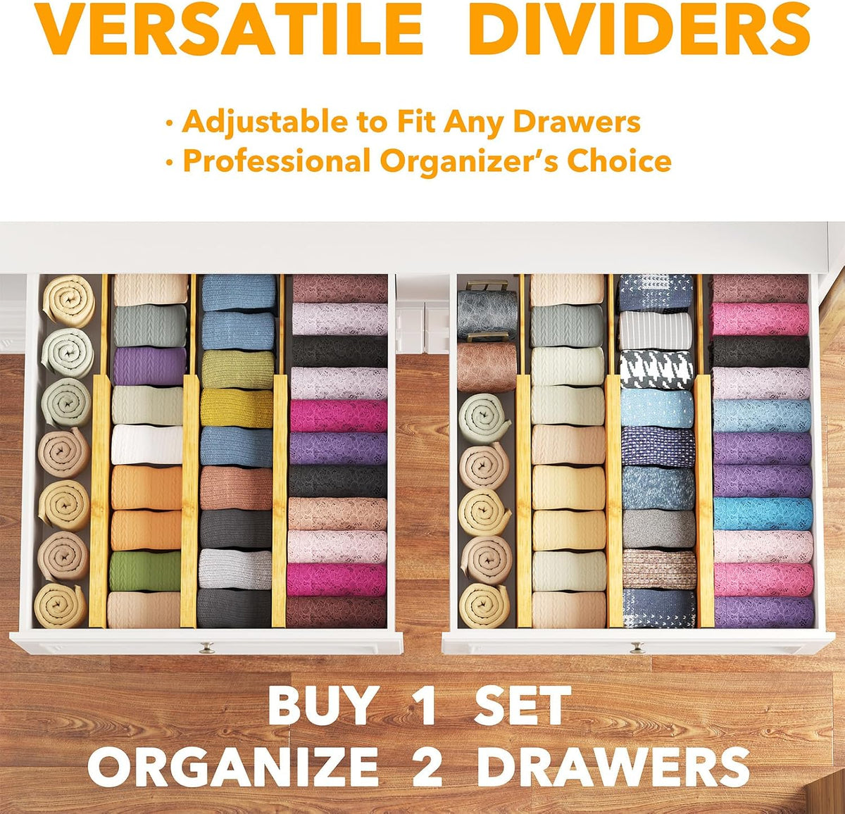 Bamboo Dresser Drawer Dividers 6 Pack, 4.65“ High Adjustable 12.5“-17” Drawer Organizers, Expandable Organization for Clothing, Clothes, Dressers, Natural