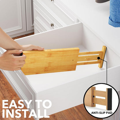 Bamboo Dresser Drawer Dividers 6 Pack, 4.65“ High Adjustable 12.5“-17” Drawer Organizers, Expandable Organization for Clothing, Clothes, Dressers, Natural