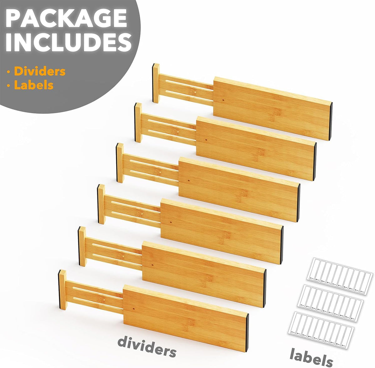 Bamboo Dresser Drawer Dividers 6 Pack, 4.65“ High Adjustable 12.5“-17” Drawer Organizers, Expandable Organization for Clothing, Clothes, Dressers, Natural
