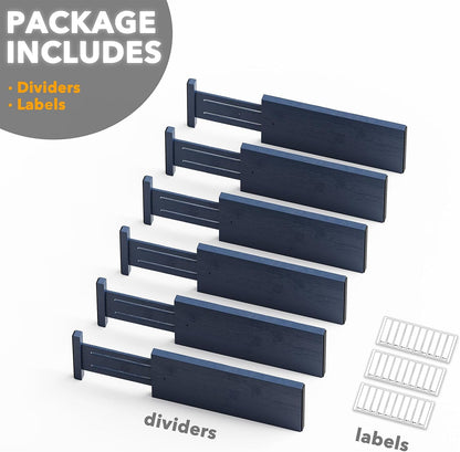 Bamboo Dresser Drawer Dividers 6 Pack, 4.65“ High Adjustable 12.5“-17” Drawer Organizers, Expandable Organization for Clothing, Clothes, Dressers, Natural