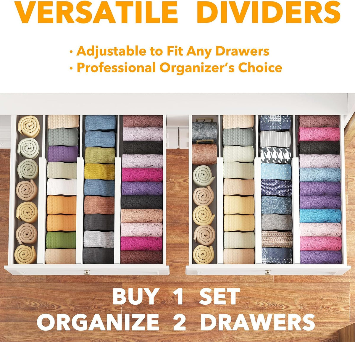 Bamboo Dresser Drawer Dividers 6 Pack, 4.65“ High Adjustable 12.5“-17” Drawer Organizers, Expandable Organization for Clothing, Clothes, Dressers, Natural