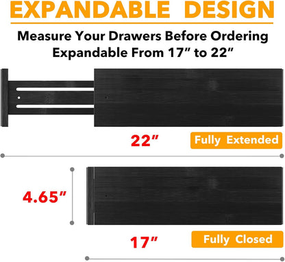 Bamboo Dresser Drawer Dividers 6 Pack, 4.65“ High Adjustable 12.5“-17” Drawer Organizers, Expandable Organization for Clothing, Clothes, Dressers, Natural