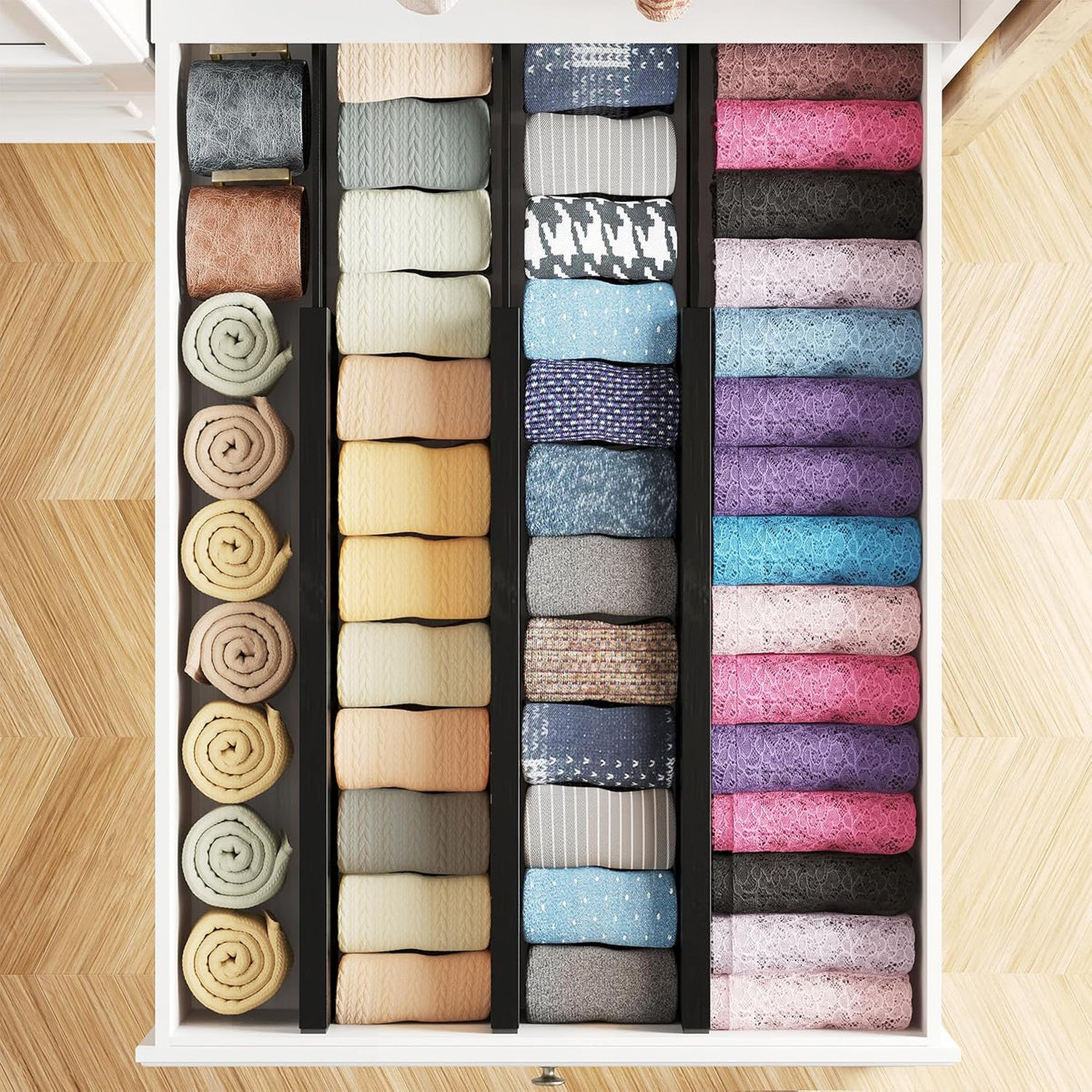 Bamboo Dresser Drawer Dividers 6 Pack, 4.65“ High Adjustable 12.5“-17” Drawer Organizers, Expandable Organization for Clothing, Clothes, Dressers, Natural