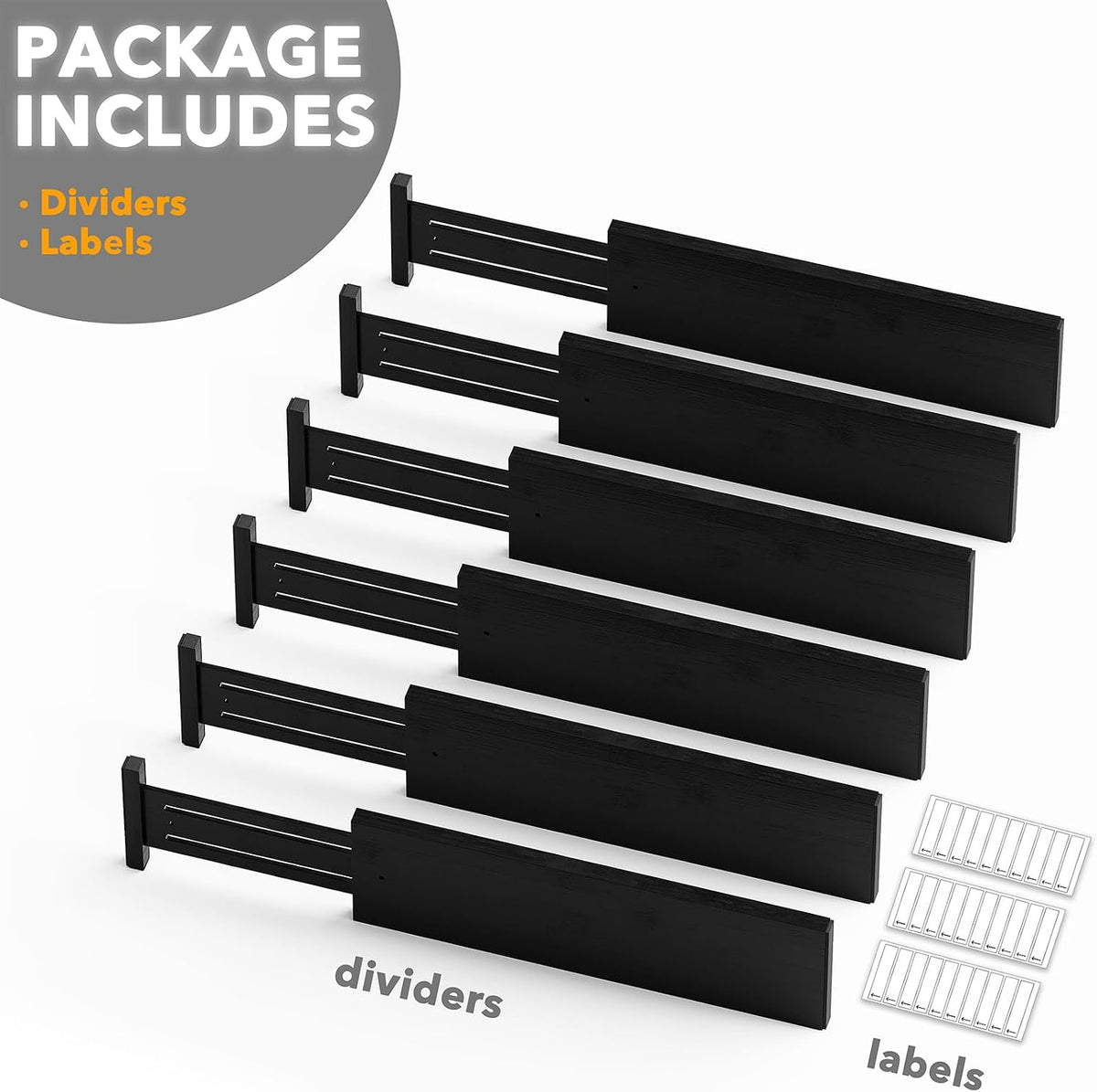 Bamboo Dresser Drawer Dividers 6 Pack, 4.65“ High Adjustable 12.5“-17” Drawer Organizers, Expandable Organization for Clothing, Clothes, Dressers, Natural