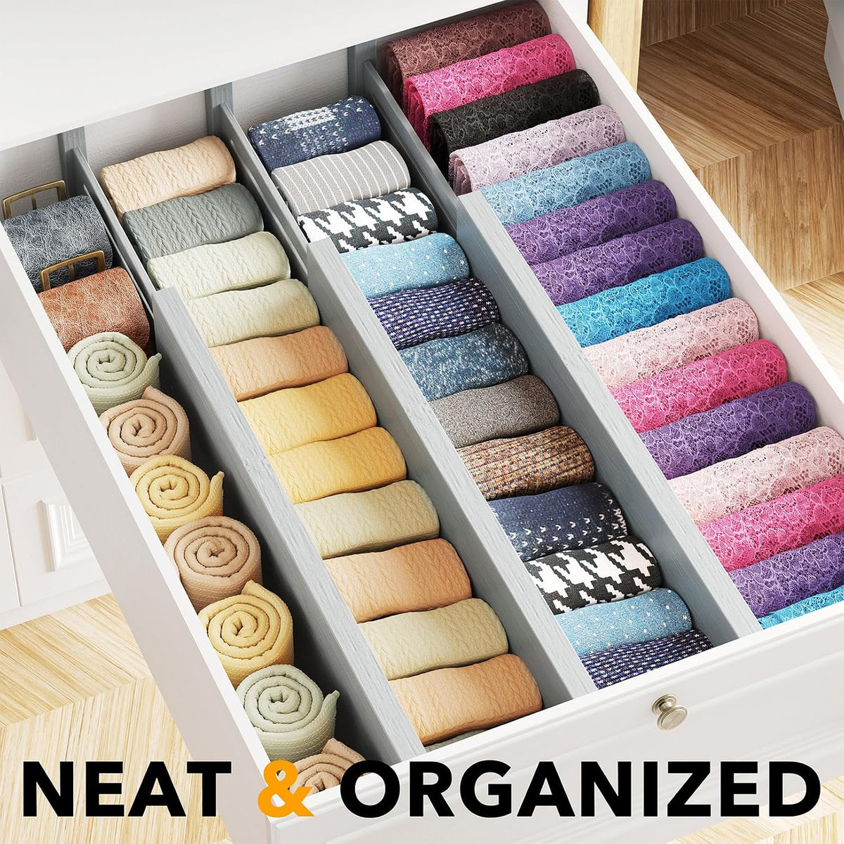 Bamboo Dresser Drawer Dividers 6 Pack, 4.65“ High Adjustable 12.5“-17” Drawer Organizers, Expandable Organization for Clothing, Clothes, Dressers, Natural