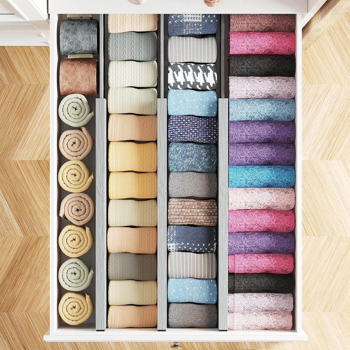 Bamboo Dresser Drawer Dividers 6 Pack, 4.65“ High Adjustable 12.5“-17” Drawer Organizers, Expandable Organization for Clothing, Clothes, Dressers, Natural
