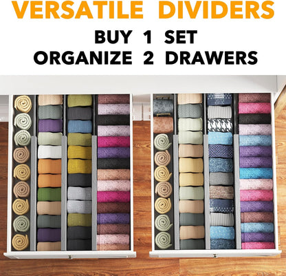 Bamboo Dresser Drawer Dividers 6 Pack, 4.65“ High Adjustable 12.5“-17” Drawer Organizers, Expandable Organization for Clothing, Clothes, Dressers, Natural