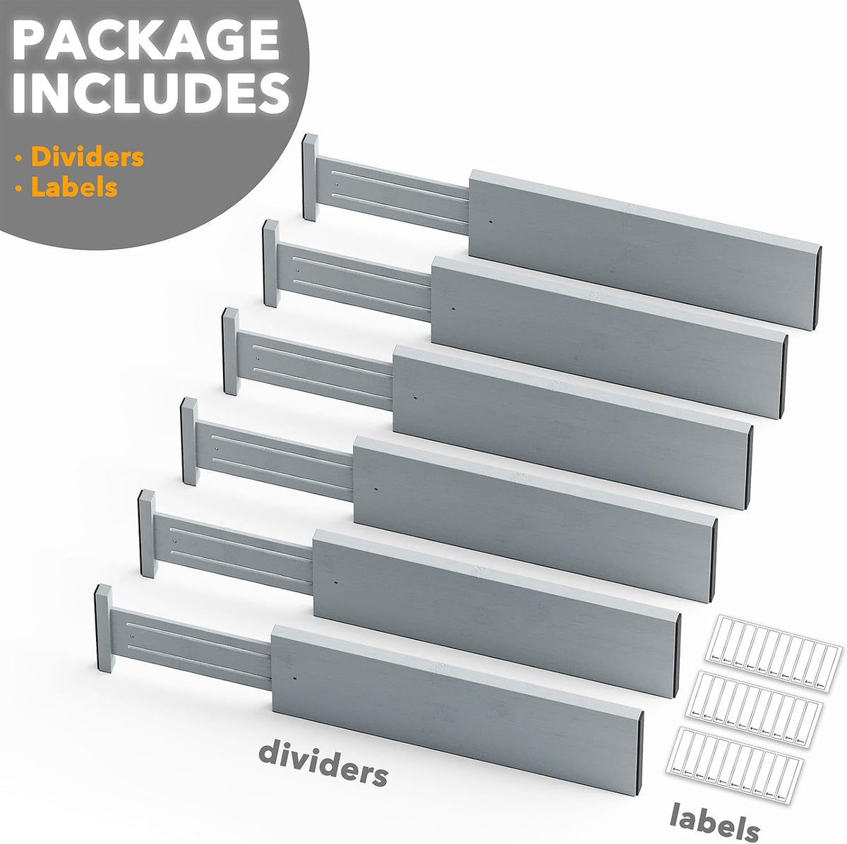 Bamboo Dresser Drawer Dividers 6 Pack, 4.65“ High Adjustable 12.5“-17” Drawer Organizers, Expandable Organization for Clothing, Clothes, Dressers, Natural