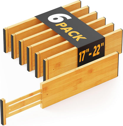 Bamboo Dresser Drawer Dividers 6 Pack, 4.65“ High Adjustable 12.5“-17” Drawer Organizers, Expandable Organization for Clothing, Clothes, Dressers, Natural