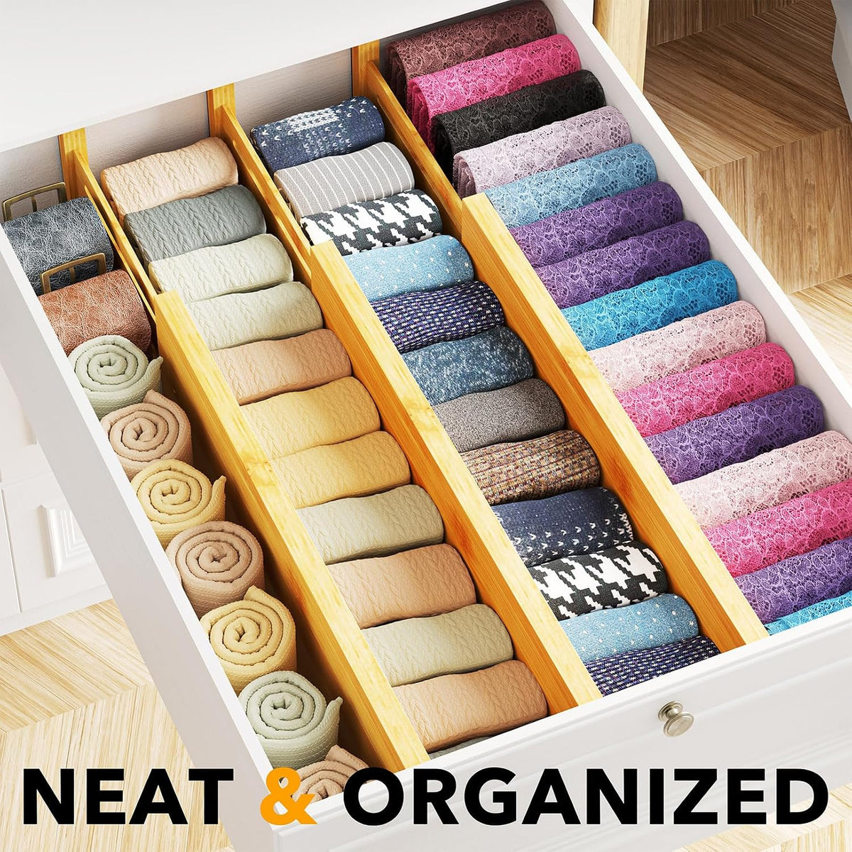 Bamboo Dresser Drawer Dividers 6 Pack, 4.65“ High Adjustable 12.5“-17” Drawer Organizers, Expandable Organization for Clothing, Clothes, Dressers, Natural