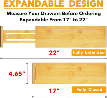 Bamboo Dresser Drawer Dividers 6 Pack, 4.65“ High Adjustable 12.5“-17” Drawer Organizers, Expandable Organization for Clothing, Clothes, Dressers, Natural