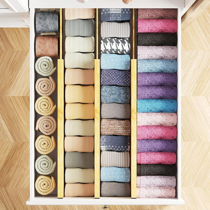 Bamboo Dresser Drawer Dividers 6 Pack, 4.65“ High Adjustable 12.5“-17” Drawer Organizers, Expandable Organization for Clothing, Clothes, Dressers, Natural