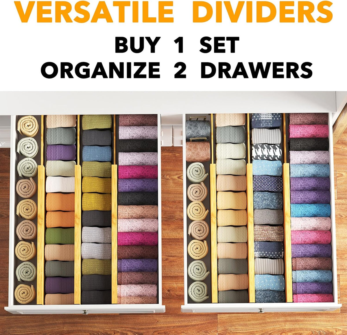 Bamboo Dresser Drawer Dividers 6 Pack, 4.65“ High Adjustable 12.5“-17” Drawer Organizers, Expandable Organization for Clothing, Clothes, Dressers, Natural