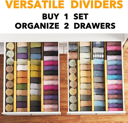 Bamboo Dresser Drawer Dividers 6 Pack, 4.65“ High Adjustable 12.5“-17” Drawer Organizers, Expandable Organization for Clothing, Clothes, Dressers, Natural